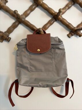 Longchamp Le Pliage Classic Gray Backpack with Brown Trim -